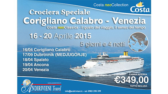 Andirivieni Travel: Corigliano, il 16 aprile il primo imbarco con Costa