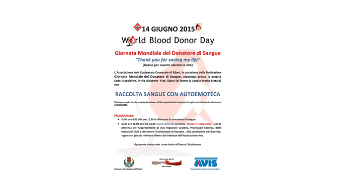 Sibari, giornata di raccolta sangue con celebrazione della giornata mondiale del donatore
