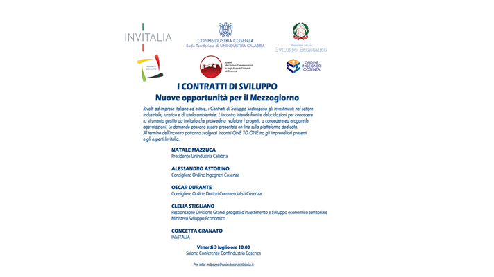 Seminario sui contratti di sviluppo domani in Confindustria Cosenza