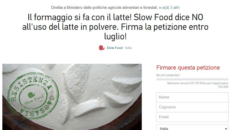 No al formaggio con latte in polvere, firma la petizione Slow Food su Change.org