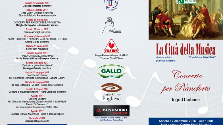 Città della Musica XII edizione.Sabato 17 concerto per pianoforte