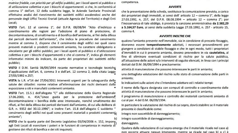 Cariati, censimento amianto: ordinanza comunale, multe fino a 5 mila euro