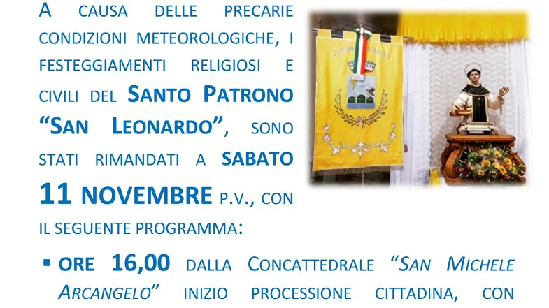 Cariati, festa di San Leonardo rimandata all'11 novembre