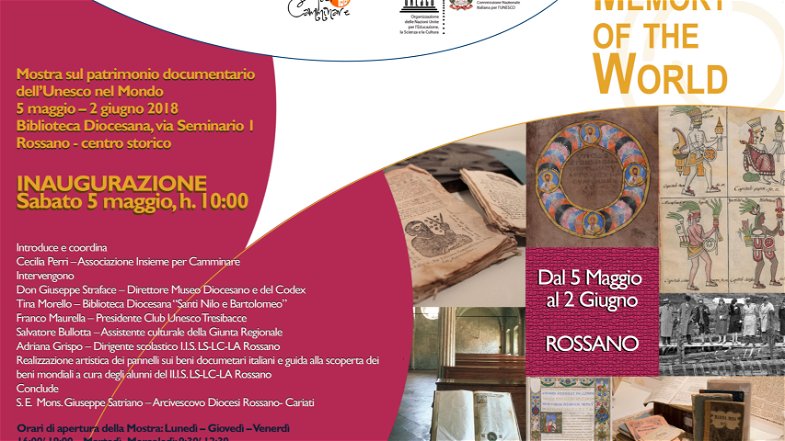 Rossano:il 5 maggio mostra sul patrimonio documentario dell'Unesco nel mondo