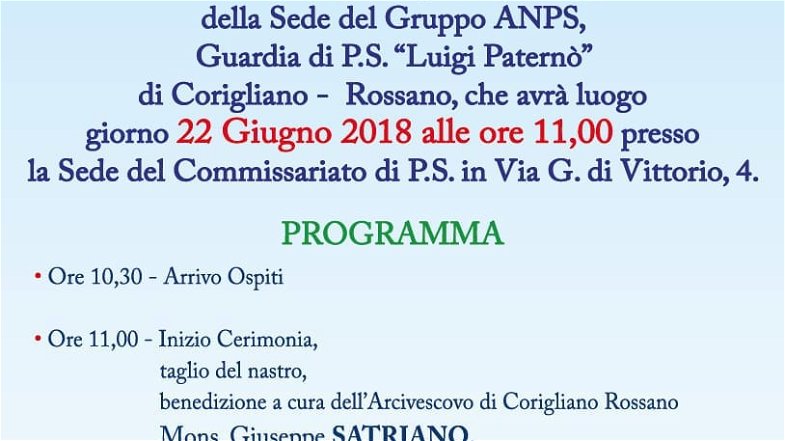 Commissariato Corigliano Rossano, venerdì 22 si inaugura sede gruppo ANPS