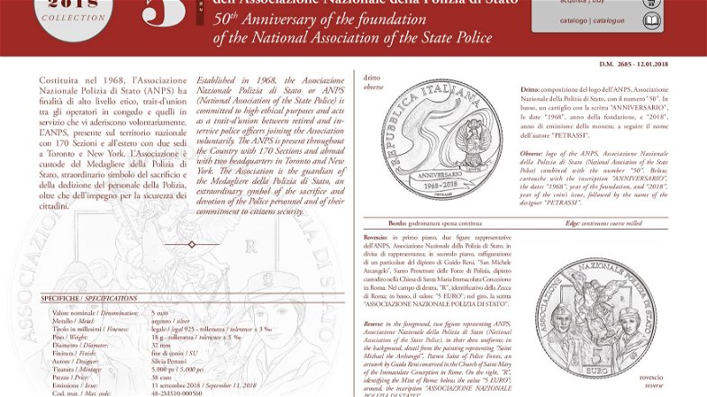 Coniata moneta celebrativa per 50° Anniversario Fondazione Associazione Nazionale della Polizia di Stato (A.N.P.S.)