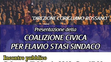 Domani 9 febbraio a Corigliano, incontro pubblico della coalizione civica per Flavio Stasi Sindaco