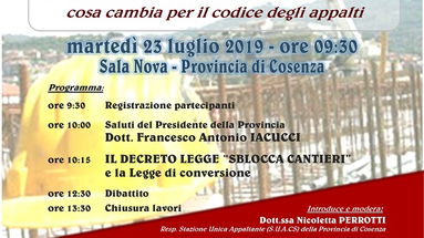 Alla Provincia di Cosenza un Convegno sul “Decreto Sblocca cantieri