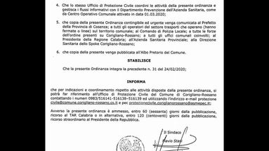 Corigliano Rossano, urgente ordinanza del sindaco: quarantena per chi rientra dal nord e obbligo per le autolinee di comunicare gli elenchi passeggeri