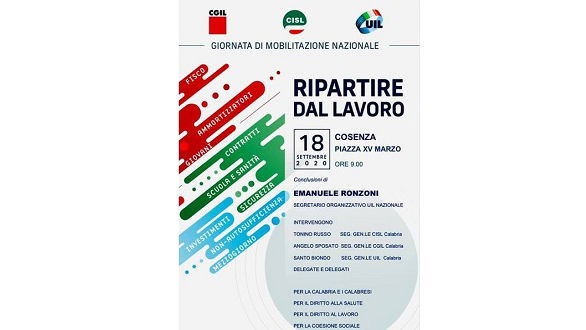 Ripartire dal lavoro: Sindacati presenti alla manifestazione di Cosenza del 18 settembre