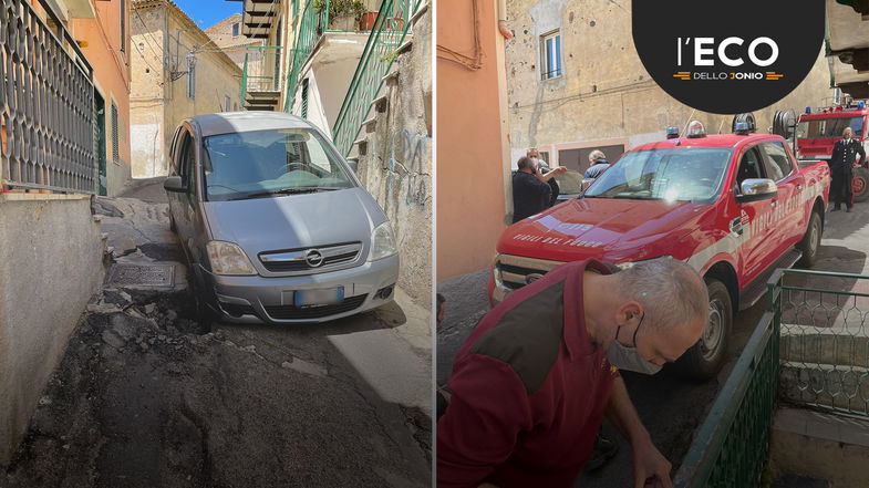 Auto finisce in una voragine su via Vittorio Emanuele. Necessario intervento dei vigili del fuoco